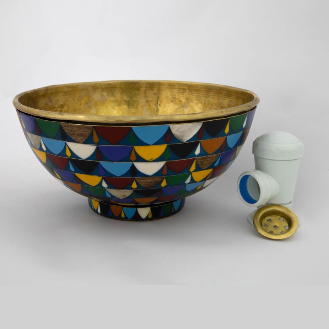 Round Colorful Ceramic Vessel Sink , Diameter 16-1/4", Golden Brass Sink Interior ISS24